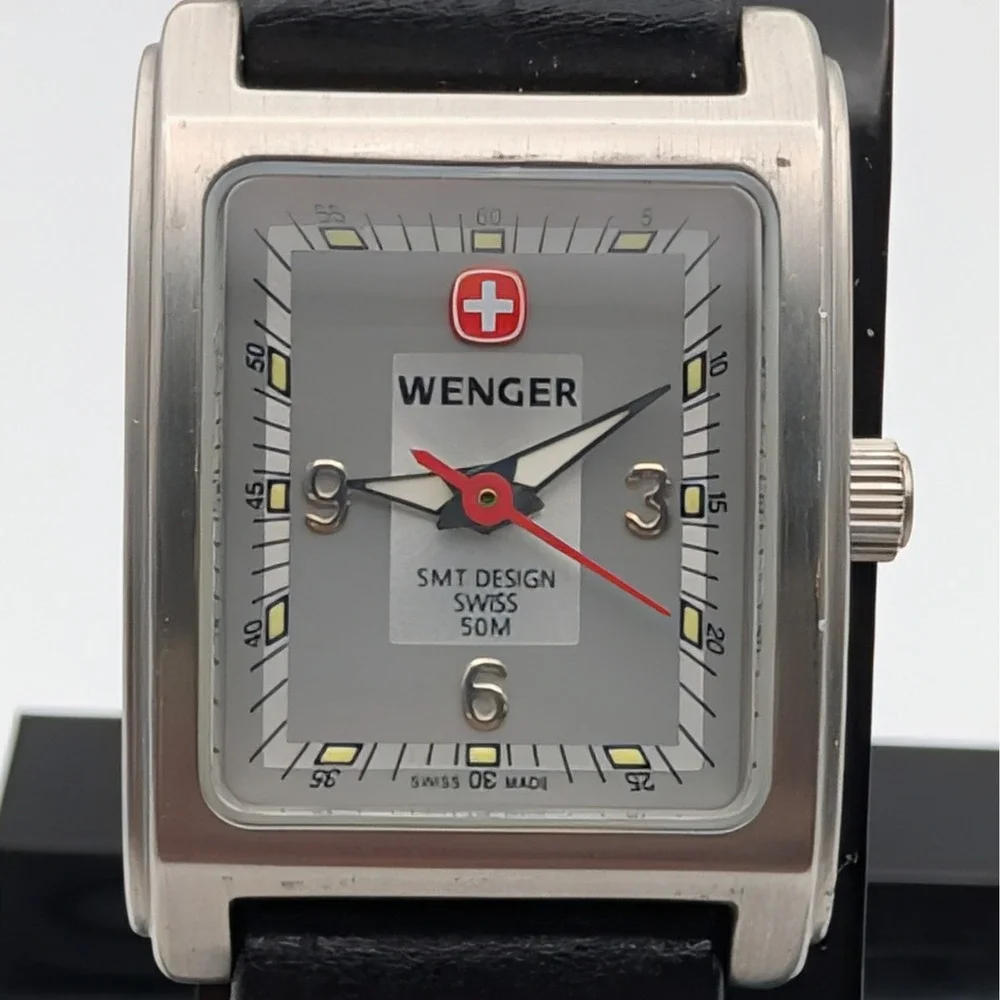 Wenger SMT Design Watch Women 6.5 Black Grey Swiss Made‎ Rectangular 092.0940